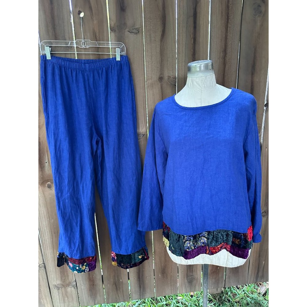 Vintage 90s LYDIA Artsy Electric Blue LINEN Velvet Patchwork Top Pants SET M